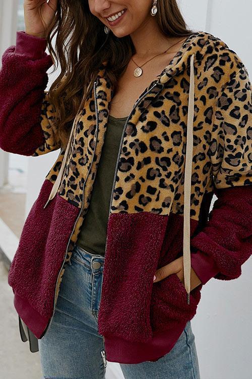 (50% OFF - Today Only) Chic Leopard Zip-Up Patchwork Hooded Coat(5 Colors)